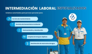 Infografía de Intermediación Laboral Especializados de Grupo ASC. Muestra a un hombre con uniforme técnico y una mujer con uniforme de limpieza, ambos sonriendo. Un listado detalla los servicios autorizados: Servicio de mantenimiento, Servicios de Saneamiento Ambiental (Desinsectación y desinfección), Limpieza de tanques sépticos y Desinfección de reservorios de agua. Incluye el logo de American Service Corporation.